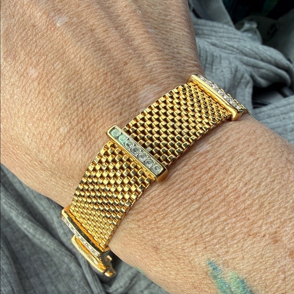 Swarovski gold metal mesh bracelet, white pave crystals, 7"L, Swan Mark - Picture 4 of 10
